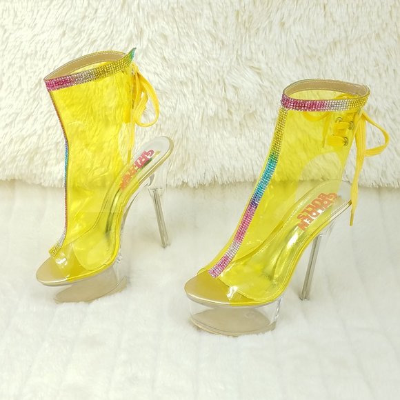 Yellow Clear Platform Heels Shoes Rhinestone Trim Golden Bulls - Picture 2 of 14